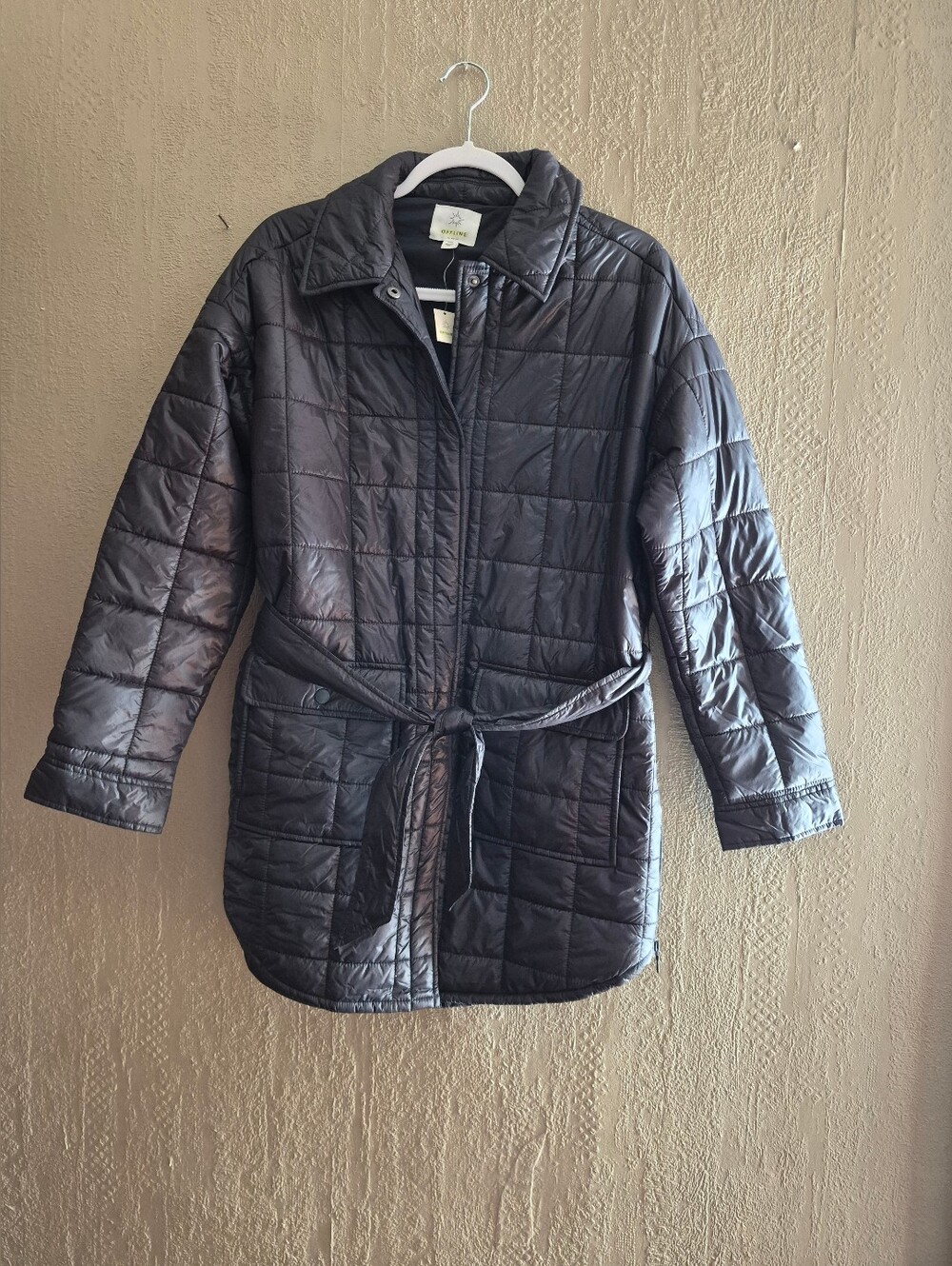 aerie Black Quilted Belted Puffer Jacket